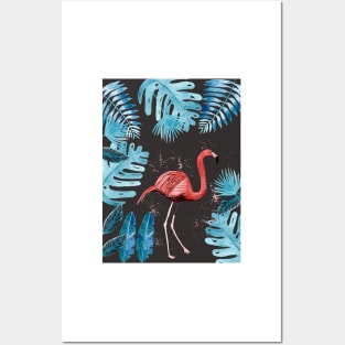 Flamingo with tropical leaves and a gray background Posters and Art